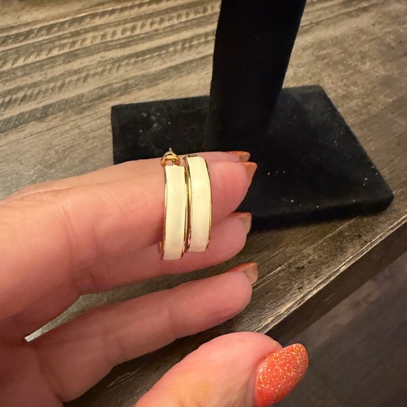 Monet Gold and Cream Hoop Earrings - Picture 2 of 5